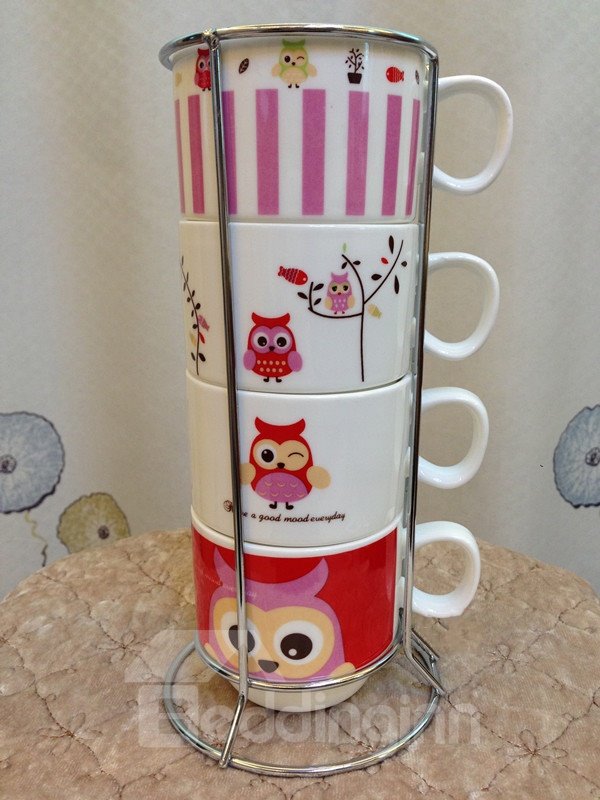 Cartoon Owl Pattern 4-Piece Ceramic Coffee Mug Sets