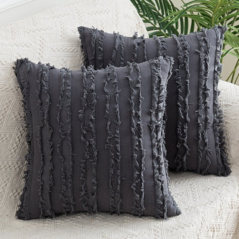 Modern Throw Pillow Sofa Cushion Cotton and Linen Fringed Solid Color Waist Pillow