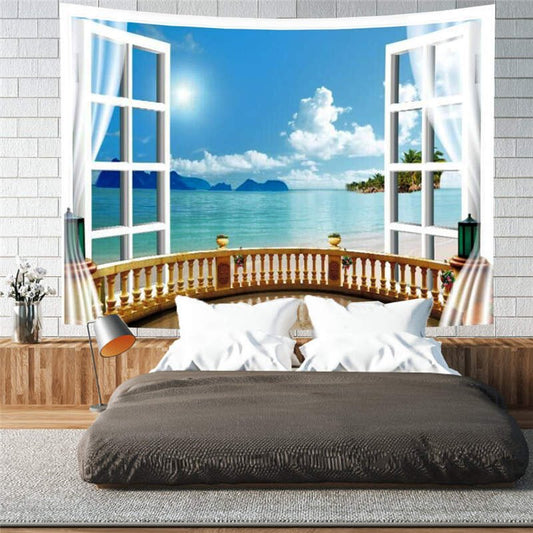 3D Holiday Beach Window Wall Tapestries Home Decoration Wall Decorations Bedspread Bed Cover Table Cloth Curtain
