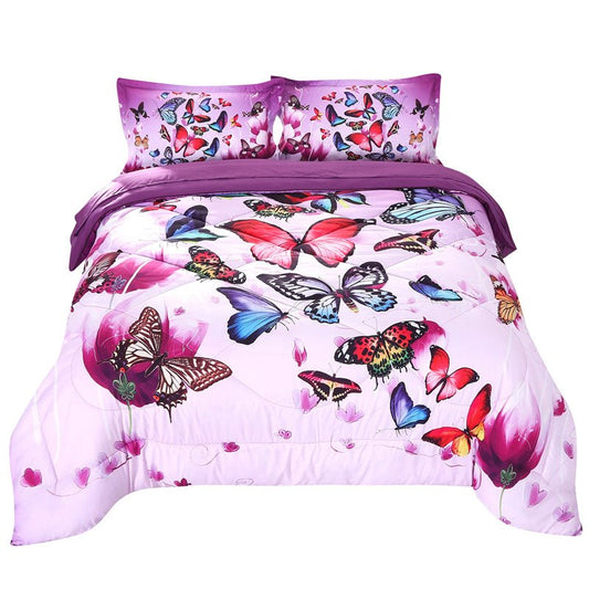 Purple 3-Piece Comforter Set Beautiful Butterflies and Purple Flower Bedding 1 Comforter 2 Pillowcases Soft Breathable No-fading Microfiber