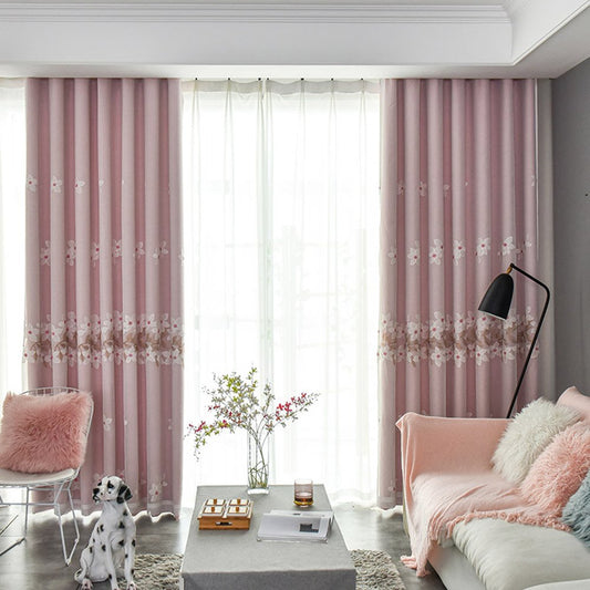Modern Pink Flowers Embroidery Curtain Sets Sheer and Lining Blackout Curtain for Living Room Bedroom Decoration No Pilling No Fading No off-lining