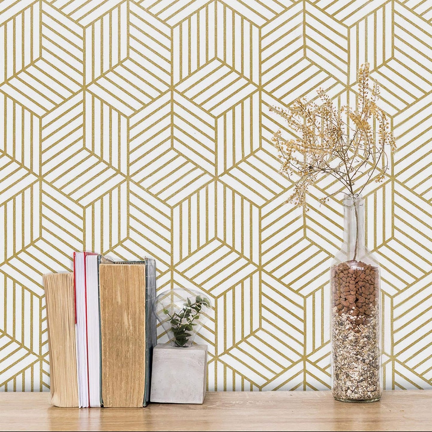 Gold and White Geometric Wallpaper Peel and Stick Wallpaper Boho Hexagon Removable Self Adhesive Wallpaper Gold Stripes Contact Paper Geometric Vinyl Film Decorative Shelf Drawer Waterproof 17.7”×118”