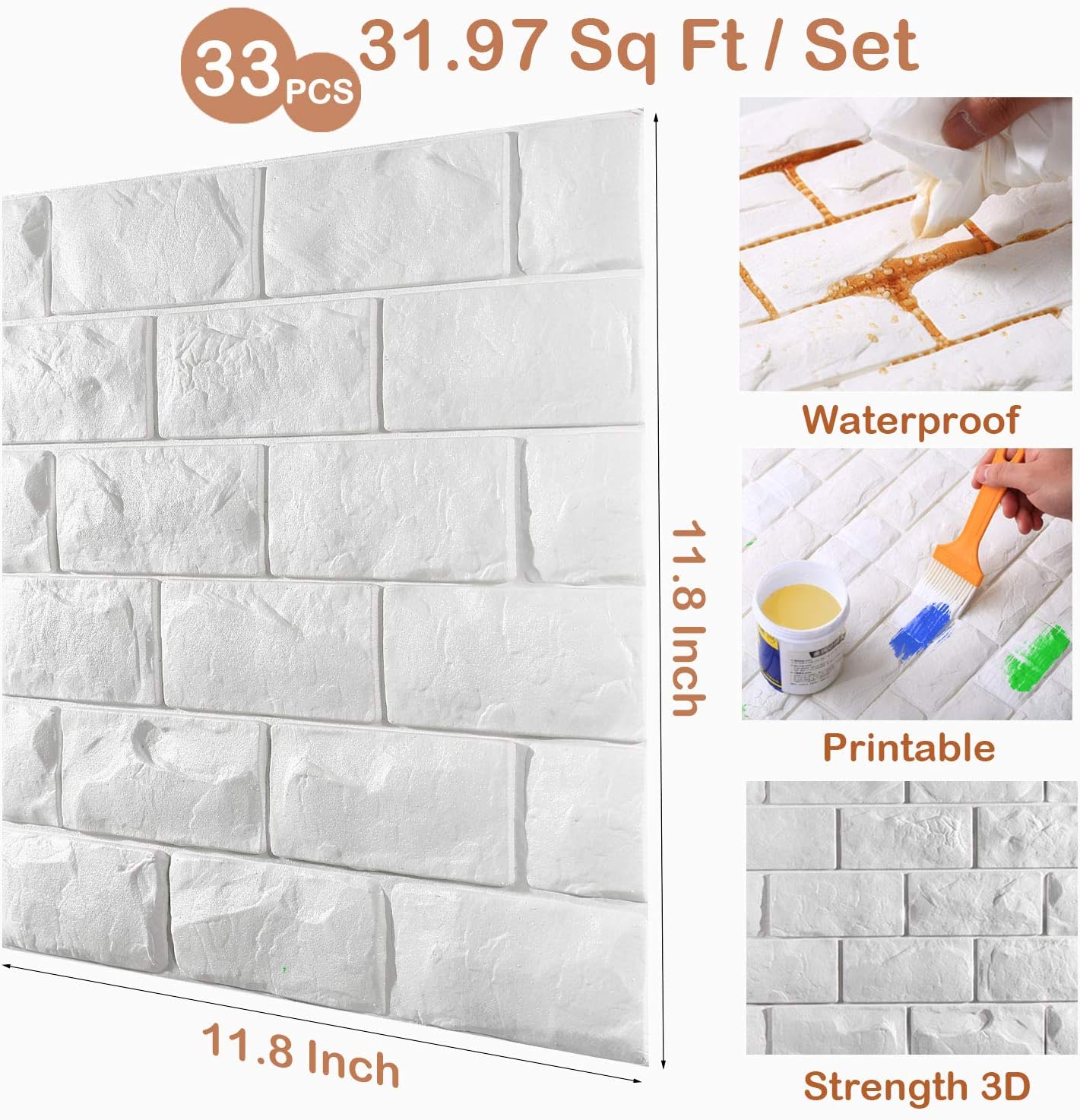 30 Pcs 3D Wall Panels, White Brick Printable 3D Wallpaper Stick and Peel, Self Adhesive Waterproof Foam Faux Brick Paneling for Bedroom, Bathroom, Kitchen, Fireplace (29.06 sq feet Coverage)
