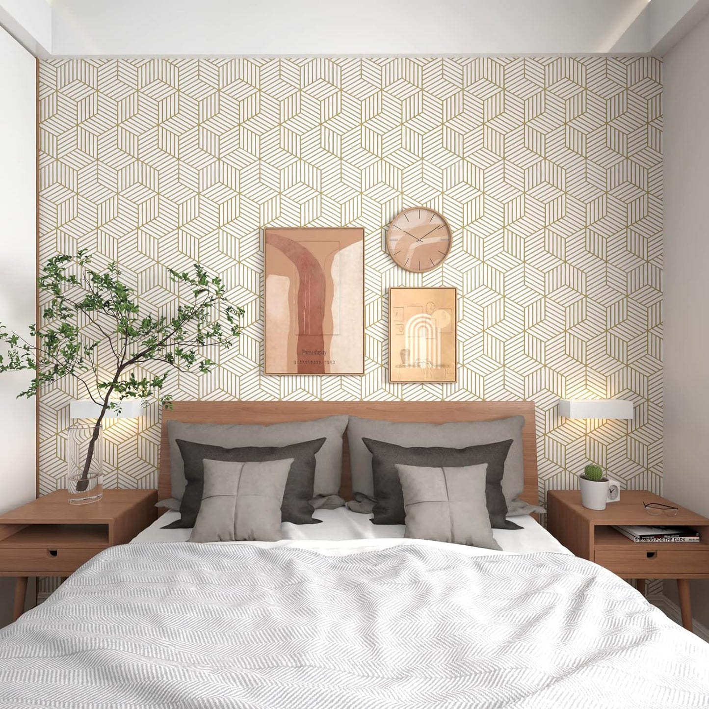 Gold and White Geometric Wallpaper Peel and Stick Wallpaper Boho Hexagon Removable Self Adhesive Wallpaper Gold Stripes Contact Paper Geometric Vinyl Film Decorative Shelf Drawer Waterproof 17.7”×118”