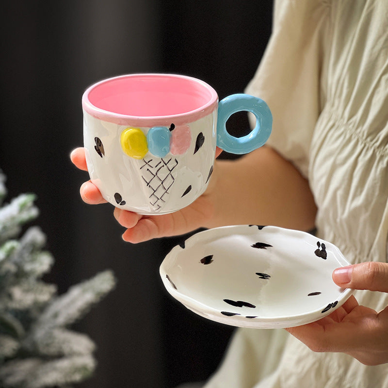 Ceramic Ice Cream Coffee Cup and Saucer Set for Women, 10 Oz Colorful Cute Teacup Set for Latte Tea