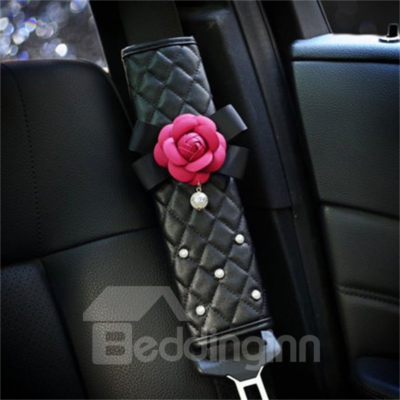 Red Camellia Design With Artificial Pearls Lovely Car Seat Belt Cover
