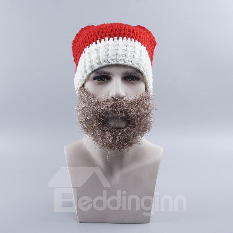 Gorro de Papá Noel Gorro de punto con gancho de mano Gorro de lana cálido con barba desmontable