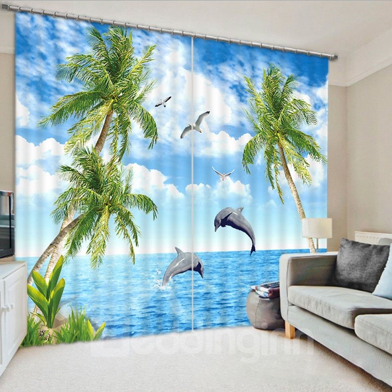 3D Creative Blue Navy Curtains Seaside with Coconut Trees Pattern 260g ©O Thick Shading Polyester Good Shading Effect and Anti-ultraviolet Radiation for Summer Life 2 Panel Set 87 Inches Wide and 84 Inches Long