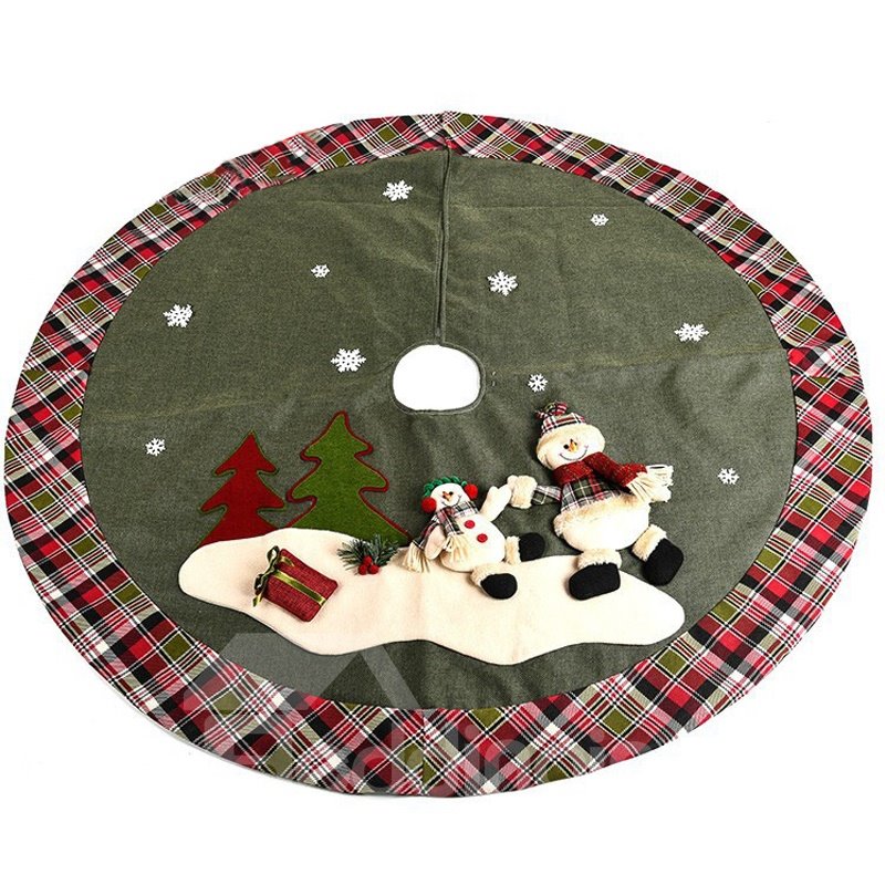 Snowman Grey-green Background Grid Edge Tree Skirt