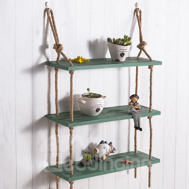 Simple Country Style Wood and Hemp Rope Home Decorative Wall Shelves