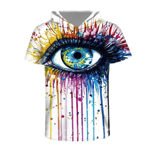 Big Eye Colorful Paintng Round Neck Comfortable 3D Short Sleeve for Men Hooded T-shirt
