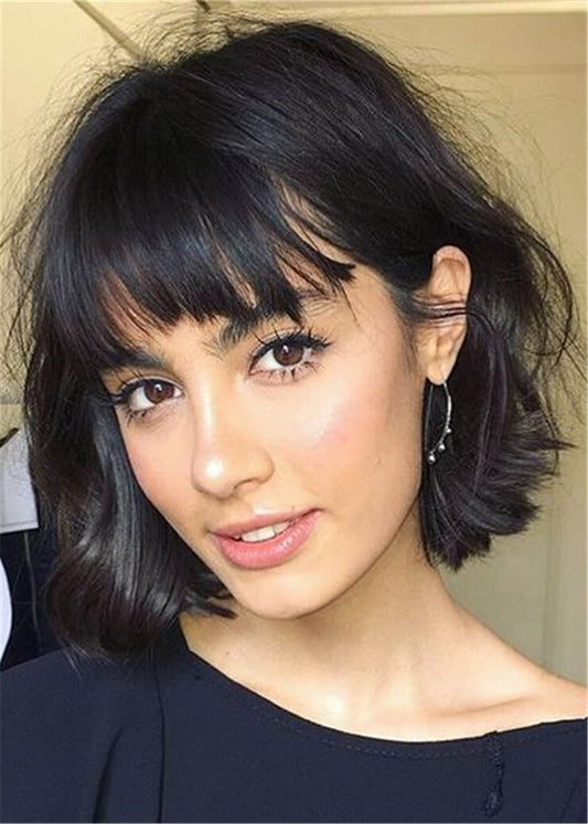 Short Bob Hairstyles Straight Human Hair With Bangs Capless Wigs 8 Inches