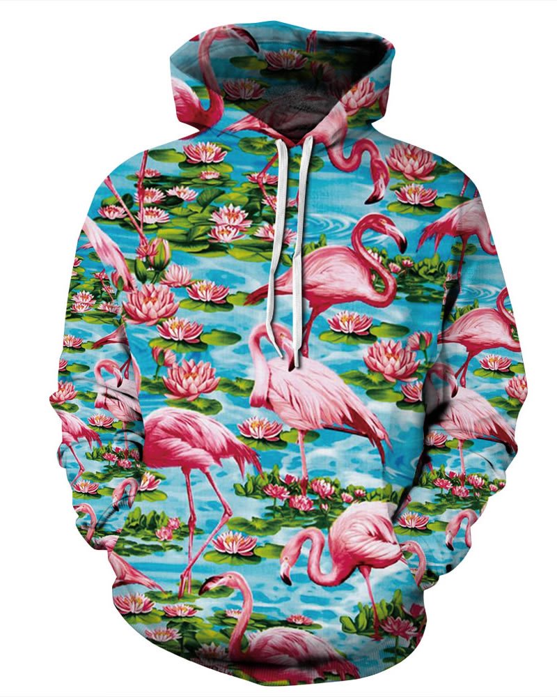 Long Sleeve Flamingo and Lotus Pattern 3D Painted Hoodie