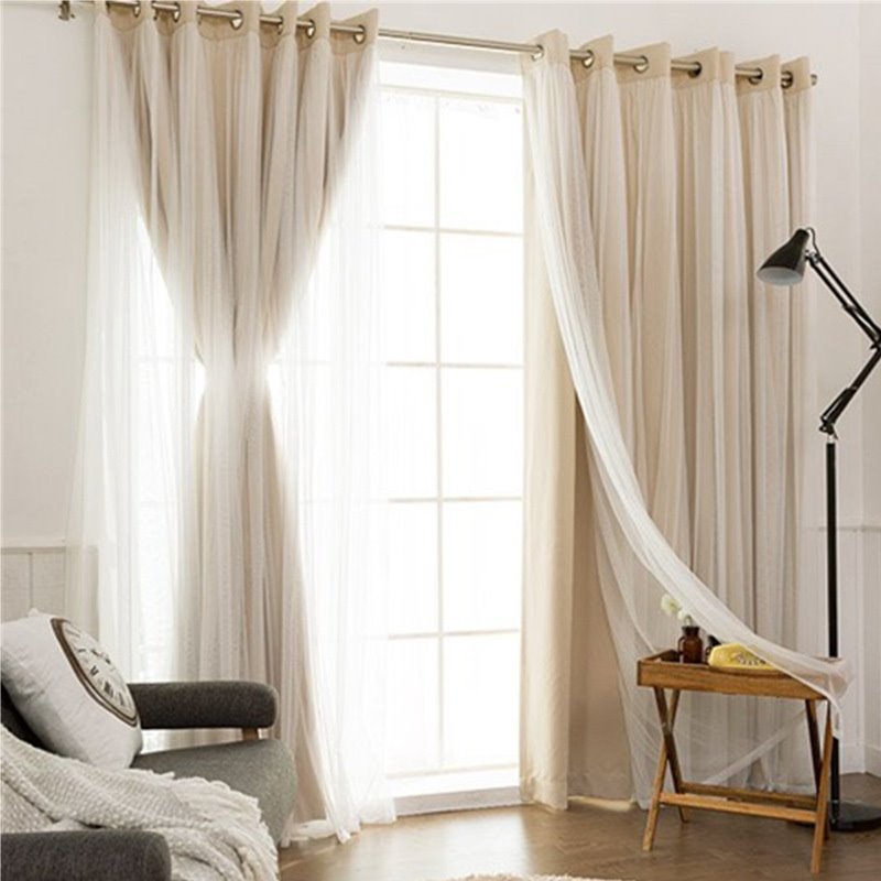 Double Layer Blackout Elylet Curtains Lace Solid Window Curtain Sets for Living Room Bedroom Decoration 2 Panels Shading Rate 95%
