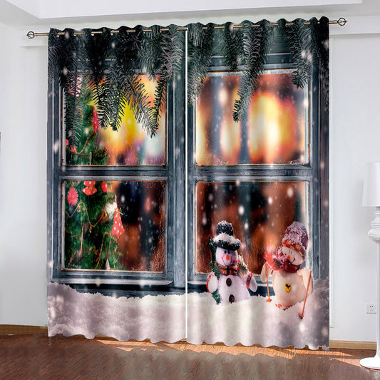 3D Blackout Curtains Christmas Fake Window Snowman Xmas Print Curtains for Living Room Bedroom Window Drapes 2 Panel Set