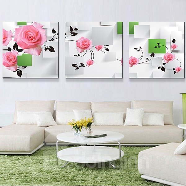 Romantic Pink Roses 3-Panel Canvas Wall Art Prints