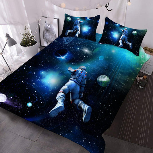 3D Outerspace Astronaut 3Pcs Bedding Down Comforter Insert with 2 Pillowcases Lightweight Warm Soft Blue