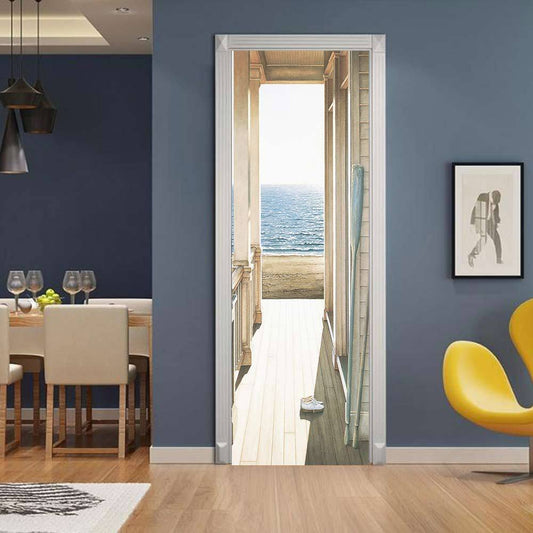 Modern Sea House Holiday Scenery 3D Door Murals Wall Stickers / Wall Decorations