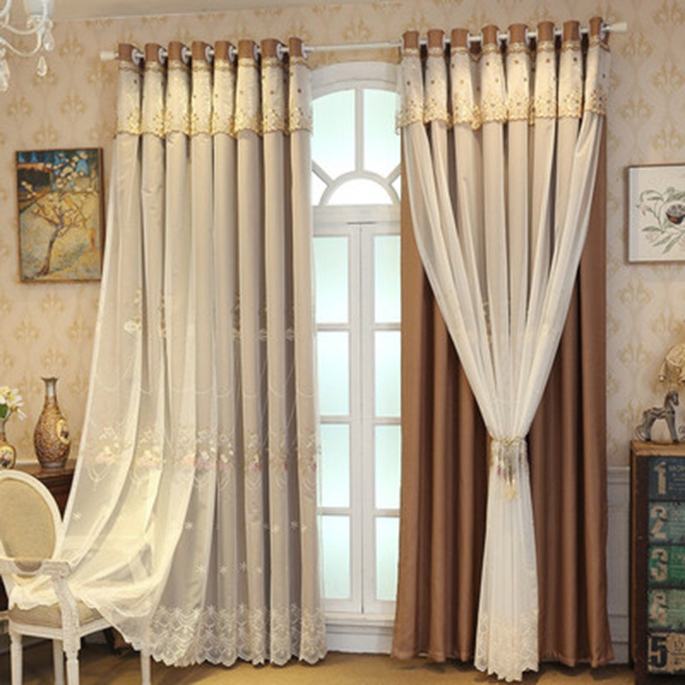 European Embroidered Curtain Sets Sheer and Lining Blackout Curtains Yellow and Coffee Color for Living Room Bedroom Decoration No Pilling No Fading No off-lining