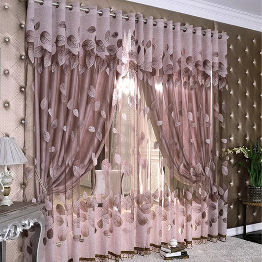 Modern Pink Leaves Curtain Sets Sheer and Lining Curtain Polyester Blackout for Living Room Bedroom Decoration