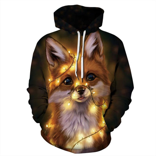 Womens Mens Ugly Christmas Sweater Funny Fox Hoodie 3D Digital Print Hooded Sweatshirts with Pockets