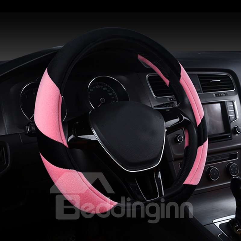 Concise Designed Dual Colored Stripe Soft Short Plush Medium Car Steering Wheel Cover