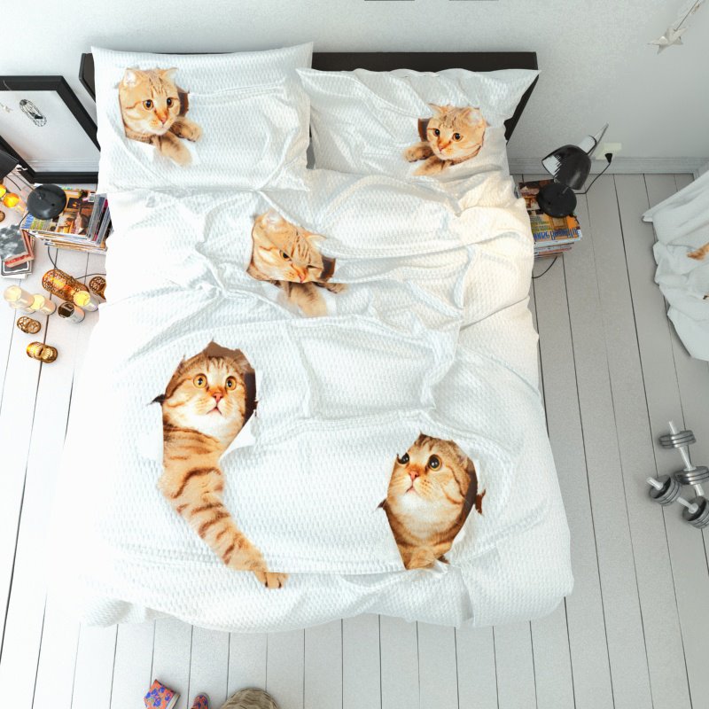 Creative Cat Duvet Cover Set Reactive Printing Three-Piece Set Polyester Bedding Sets