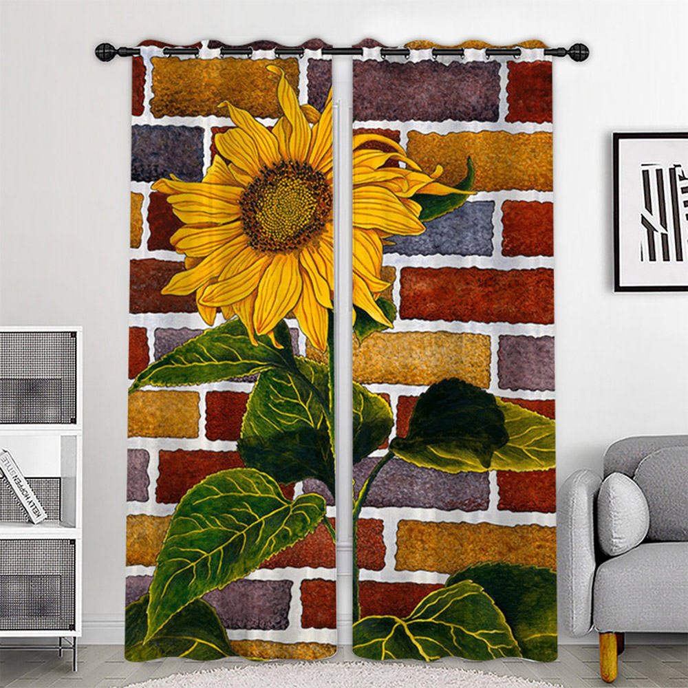 Cortinas opacas impresas en 3D creativas, patrón de pared de girasol, 2 paneles, cortinas para sala de estar, dormitorio, decoración, sin pelusas, sin decoloración, sin forro de poliéster