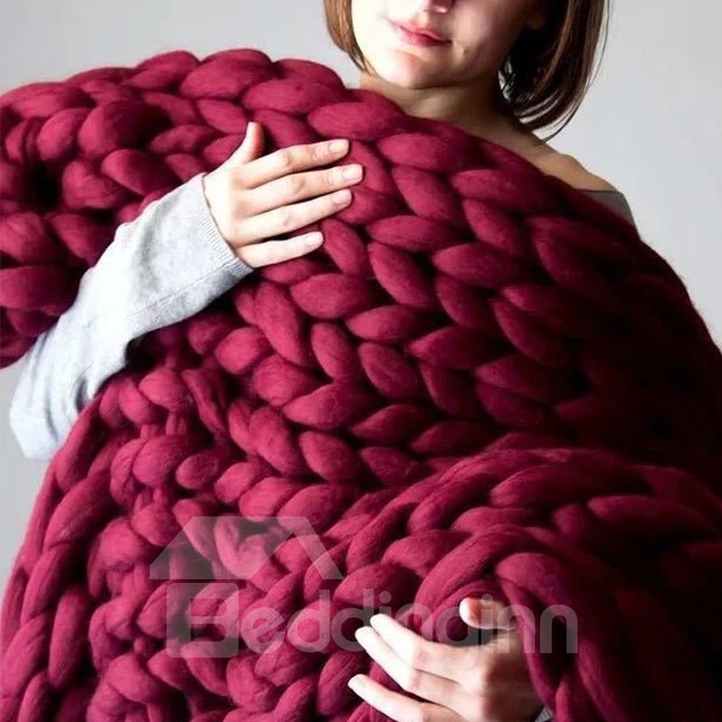 Wool Yarn Hand Made Chunky Knit Pure Color Blanket Skin-friendly Ultra-soft Microfiber No-fading