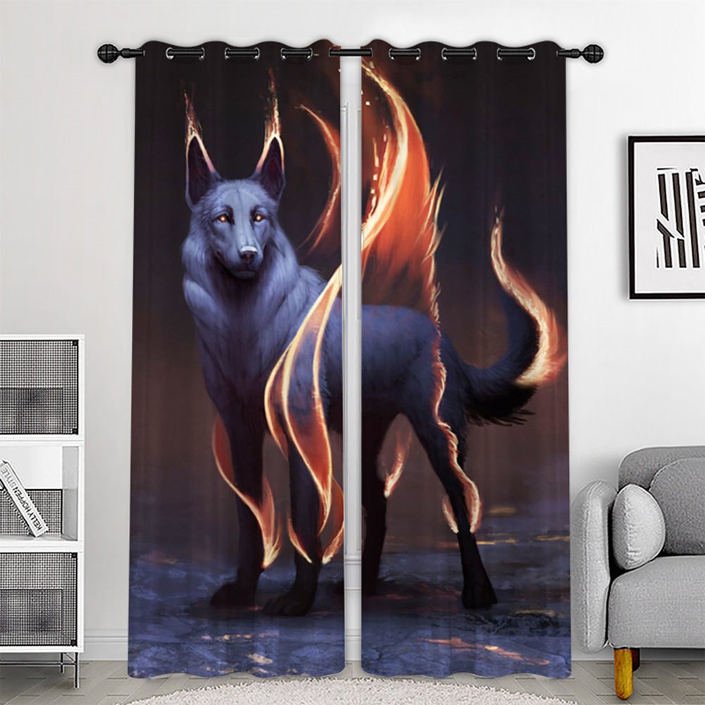 Cortinas opacas impresas en 3D creativas, lobo blanco y llama, 2 paneles personalizados, cortinas para sala de estar, dormitorio, decoración, sin pelusas, sin decoloración, sin forro, aislamiento térmico, protección solar, poliéster impermeable
