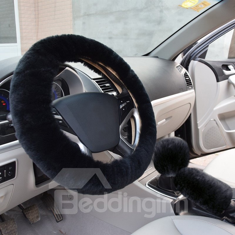 Solid Black Short Plush 3-Pieces Wool Material Medium Car Steering Wheel Cover