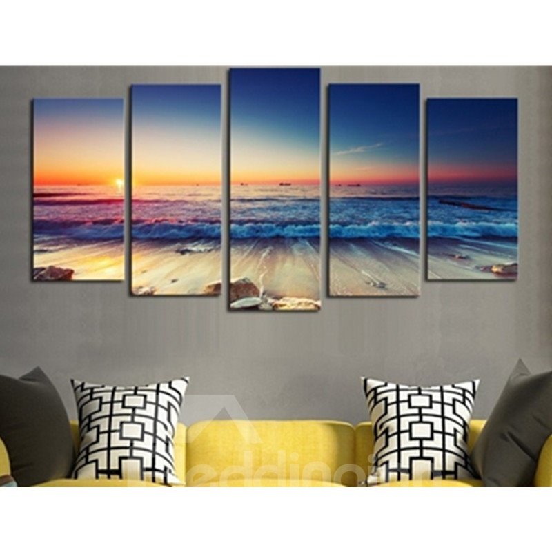 5-teiliger, auf Leinwand aufgehängter, ungerahmter Wanddruck „Sonnenaufgang am Meer“.