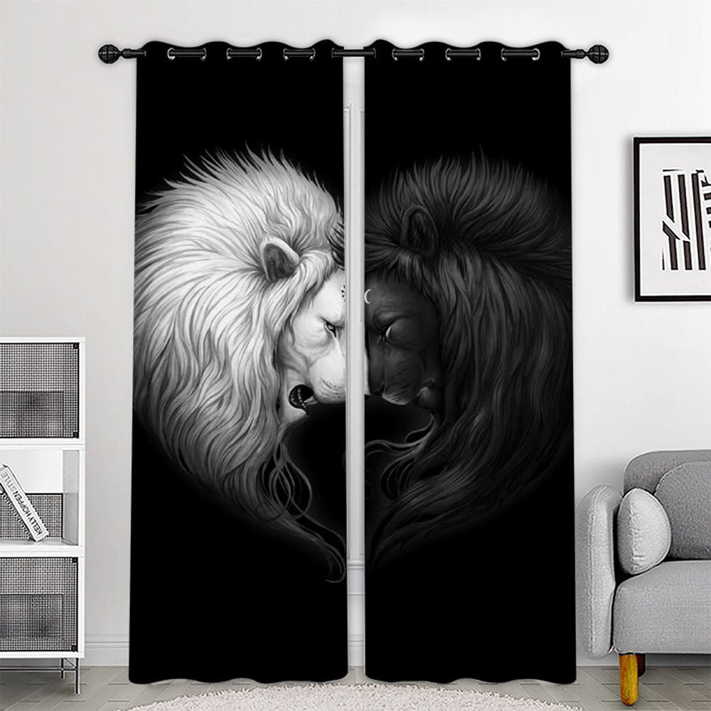 Cortinas opacas impresas en 3D, color negro creativo, dos leones, personalizadas, 2 paneles, cortinas para sala de estar, dormitorio, decoración, sin pelusas, sin decoloración, sin forro, aislamiento térmico, protección solar, poliéster impermeable