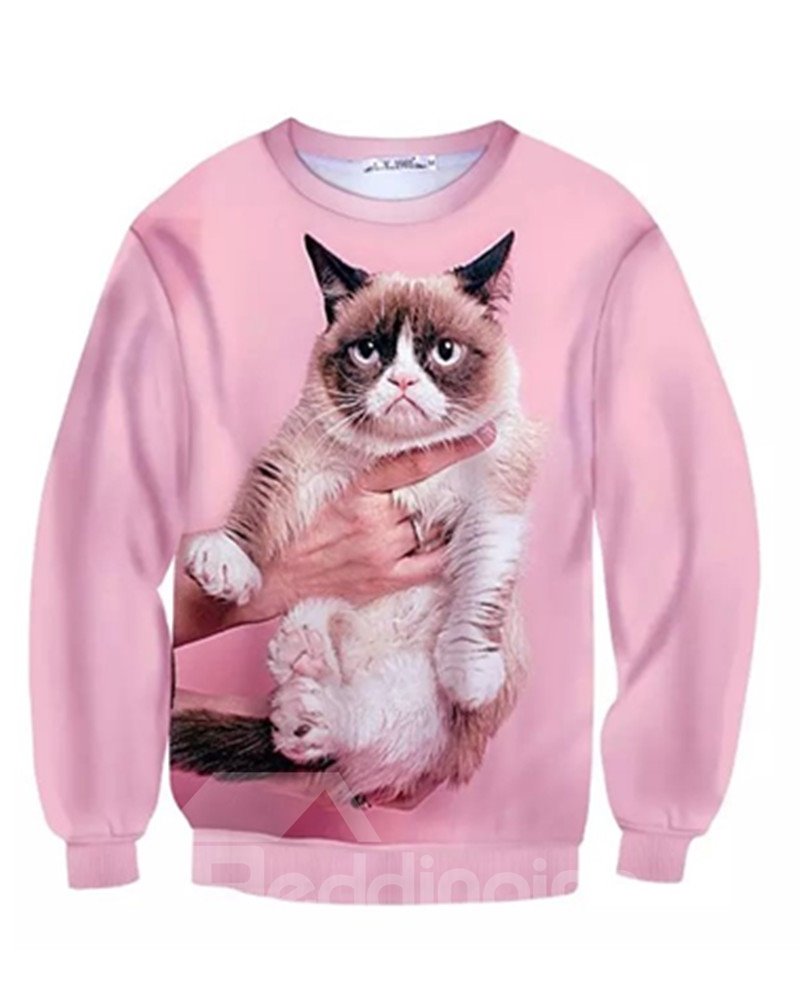 Preciosa sudadera con capucha pintada en 3D de gamuza interior rosa con estampado de gato de manga larga
