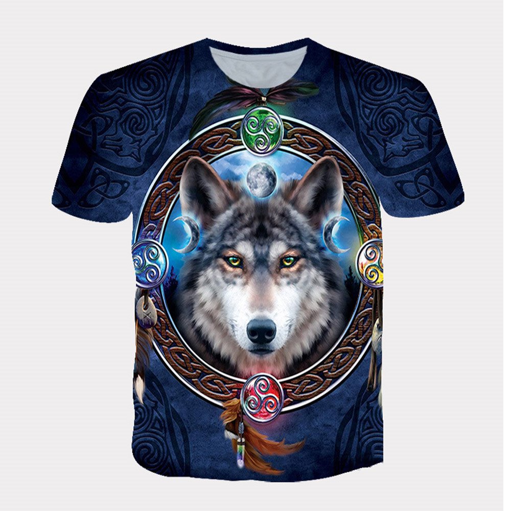 Camiseta de hombre con estampado de lobo en 3D, manga corta azul, cuello redondo ajustado, delgada con tela cómoda y transpirable