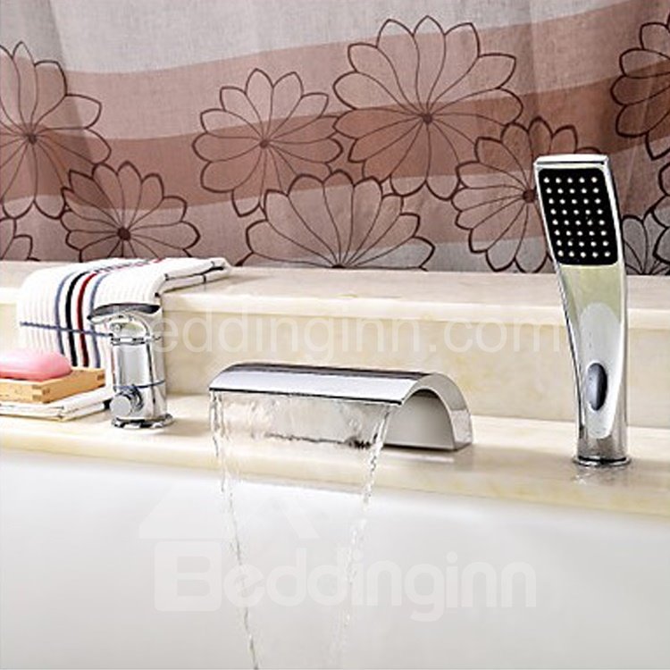 Contemporary Low Arc Widespread Waterfall Brass Bathtub Faucet