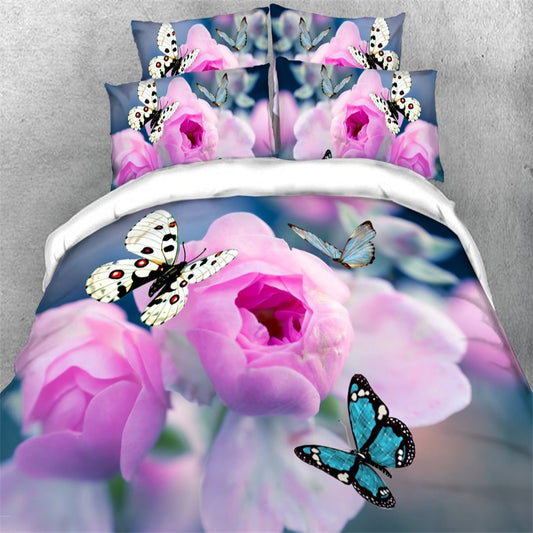 Pink Flower Butterfly 4-Piece Duvet Cover Set with Flat Sheet 2 Pillowcases