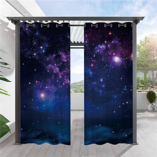 Modern 3D Outdoor Curtains Purple Galaxy Cabana Grommet Top Curtain Waterproof Sun-proof Heat-insulating 2 Panels