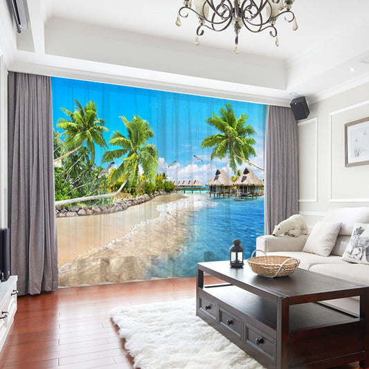 3D Beach and Palm Trees Printed Sheer Curtains for Living Room 30% Shading Rate No Pilling No Fading No off-lining