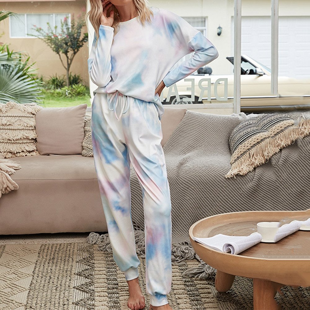 Fashion Pocket Light Purple Gradient Round Neck Long Sleeve Women's Pajama Suit