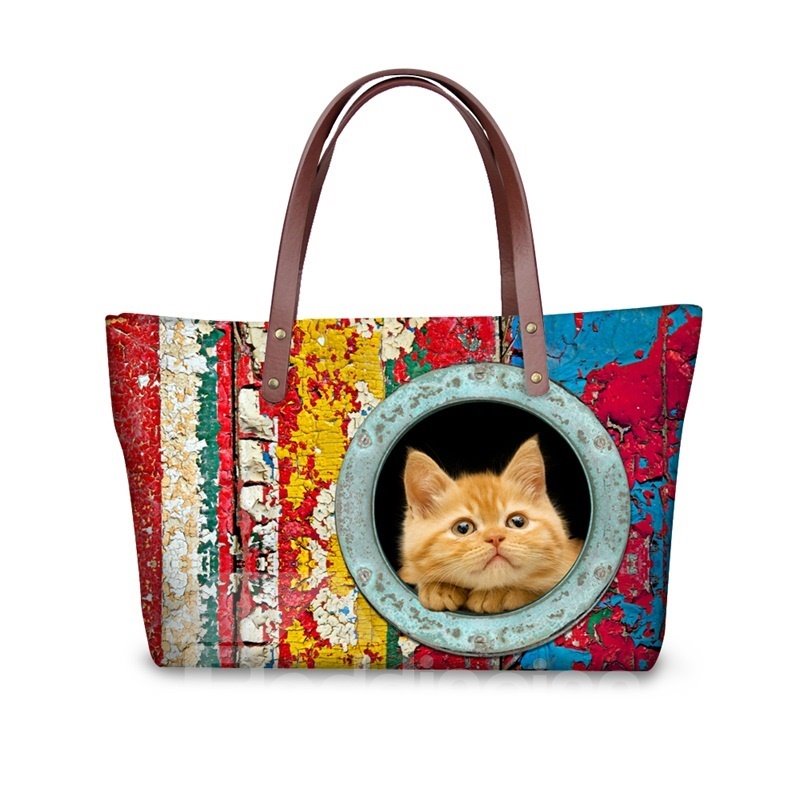Colorful Pattern Cat Waterproof Sturdy Animals 3D Printed for Women Girls Shoulder HandBags