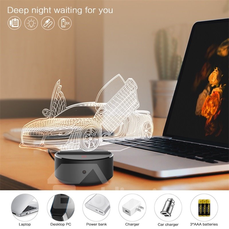 Coche teledirigido con luz 3D de ala, lámpara de mesa LED, luz nocturna con 7 colores