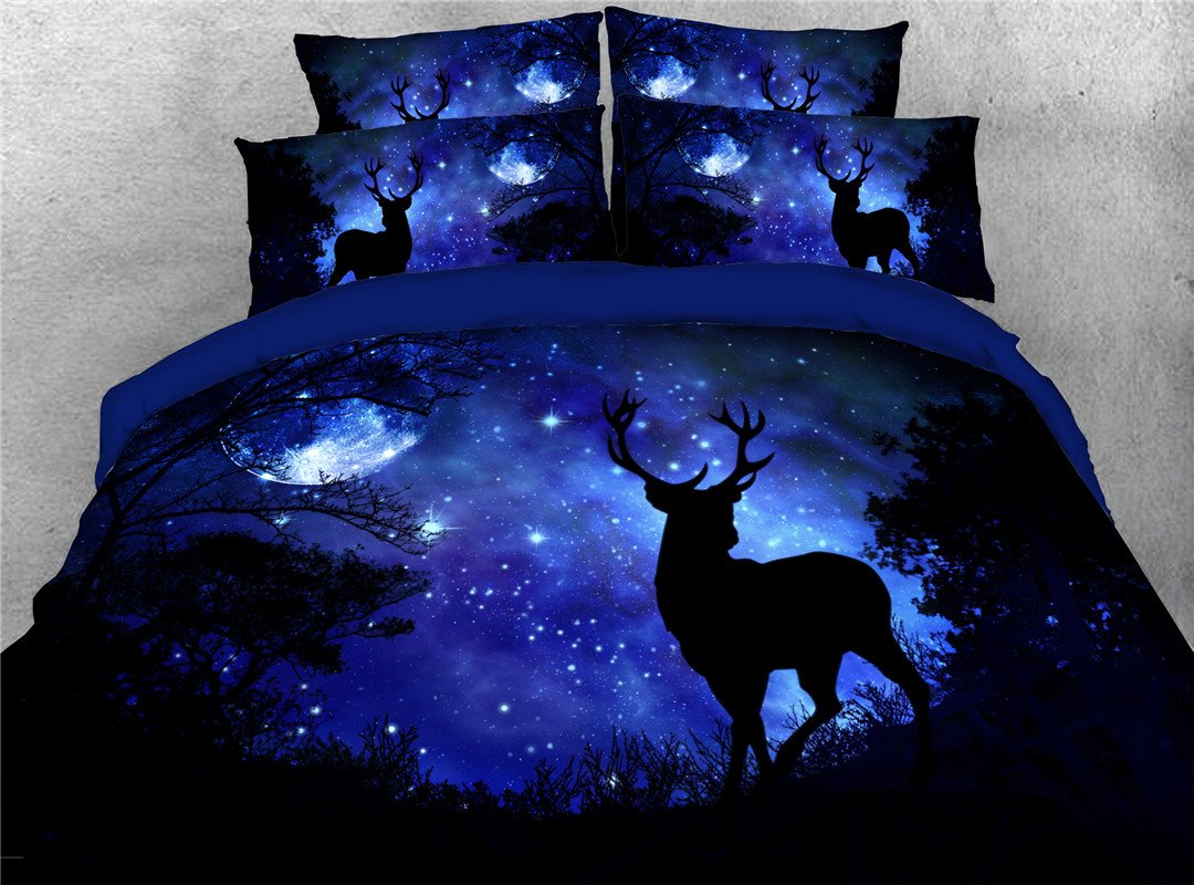 Juego de edredón de 5 piezas con estampado de ciervos y galaxias en 3D, ropa de cama de bosque y cielo estrellado, microfibra ultra suave, 2 fundas de almohada, 1 sábana encimera, 1 funda nórdica, 1 edredón azul