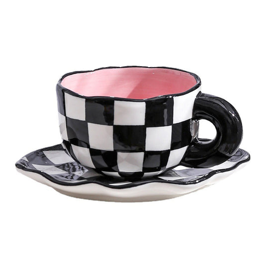 Checkered Tea Cup with Saucer 7 Oz, Ceramic Black and White Checkered Coffee Cup Saucer Set for Women