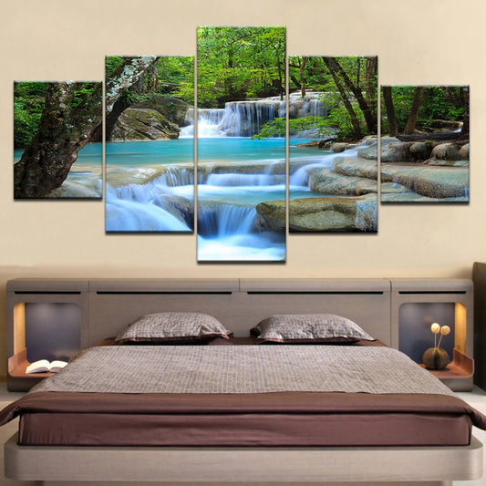 Waterproof Landscape Stream in Forest Pattern 5 Pieces Hanging Canvas Eco-friendly Non-Framed Prints Wall Prints