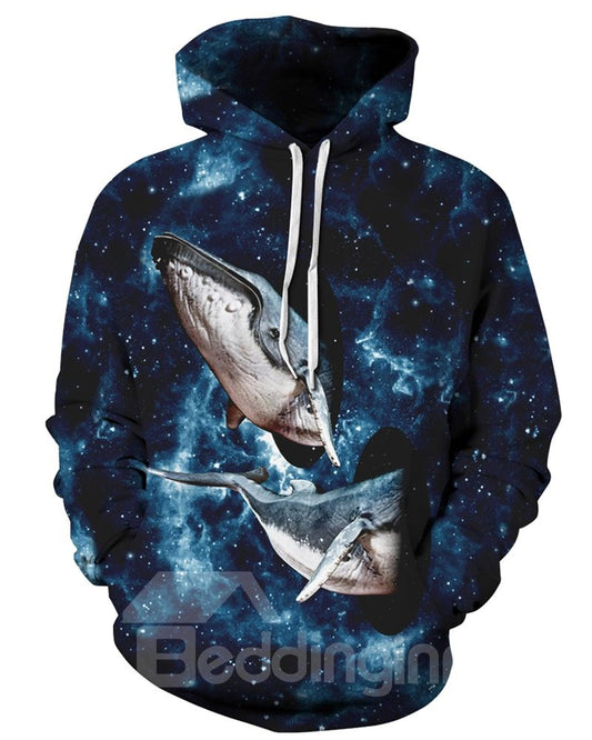 Long Sleeve Whale Fly to the Sky Galaxy Pattern 3D Painted Hoodie
