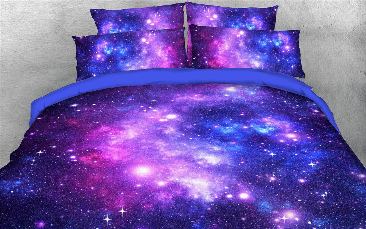 3D Purple Galaxy Bettbezug-Set, 4-teiliges Bettwäscheset, ultraweicher Bettbezug mit Reißverschluss und Eckbändern, 2 Kissenbezüge, 1 Bettlaken, 1 Bettbezug aus Mikrofaser
