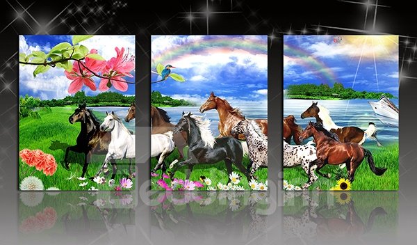Erstaunliche 3-teilige Leinwand-Kunstdrucke „Pferde im Feld“.