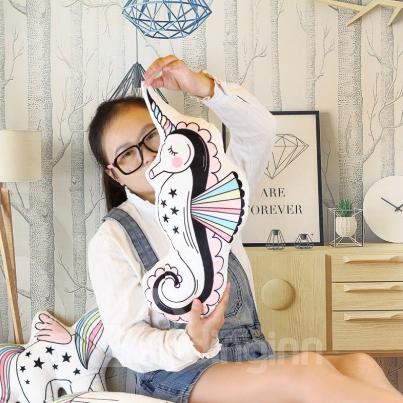 Almohada/juguete de peluche de algodón blanco con forma de unicornio, gato y caballito de mar