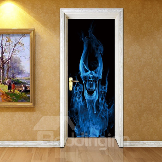 30¡Á79in Blue Skull Smoke Pattern PVC Environmental and Waterproof 3D Door Mural